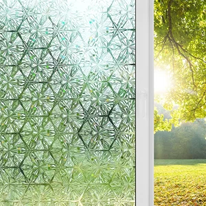 Window with frosted privacy film featuring green geometric floral pattern